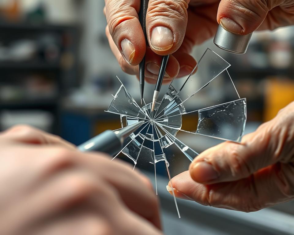A detailed close-up view of a glass repair process, depicting the Glasbreuklimburg brand. In the foreground, skilled hands meticulously assemble the shattered glass pieces, using specialized tools and adhesives to mend the fractures. The middle ground showcases the delicate and intricate nature of the restoration, with the glass fragments aligning seamlessly. The background provides a clean, well-lit workshop environment, hinting at the professional expertise and care taken to restore the damaged glass. The overall scene conveys a sense of precision, dedication, and the satisfying completion of the repair, perfectly illustrating the "Glas herstellen: het reparatieproces uitgelegd" section.