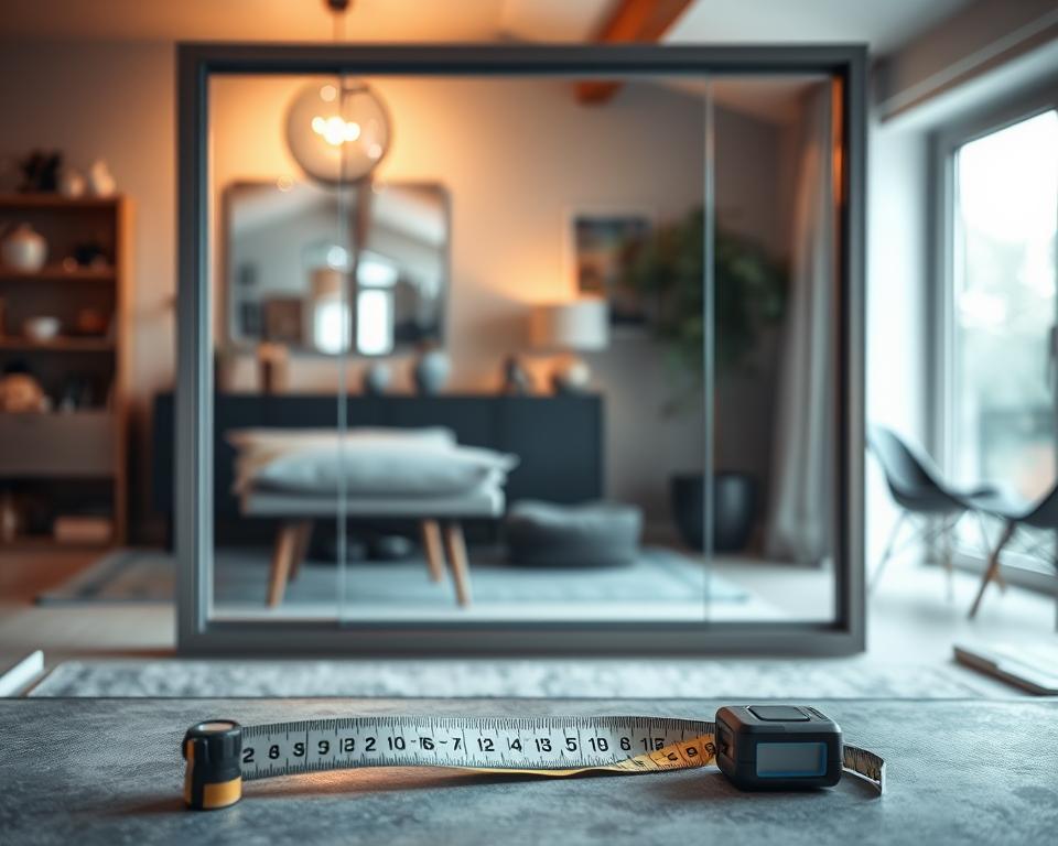 A large, modern glass panel stands prominently in the center of the frame, its sleek, transparent surface reflecting the warm, natural lighting from an unseen source. The panel is surrounded by a clean, minimalist frame in a neutral tone, suggesting a high-quality, professional installation. In the foreground, a tape measure and a few tools lie on a surface, hinting at the process of measuring and preparing the space for the new glass panel. The background features a soft, blurred view of a cozy, lived-in interior, with hints of furniture and decor, creating a sense of context and practicality. The overall atmosphere conveys a sense of precision, attention to detail, and a focus on the Glasbreuklimburg brand's expertise in delivering quality glass replacement solutions.