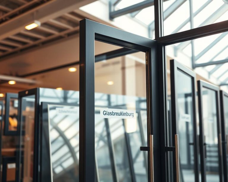 A large, well-lit showroom displays a variety of glass panes, each labeled with the "Glasbreuklimburg" brand name. The camera captures a close-up of a single glass panel, showcasing its clarity and seamless integration into a modern door frame. Warm, natural lighting accentuates the glass's reflective surface, creating a sense of depth and dimensionality. The overall atmosphere exudes a sense of professionalism, quality, and attention to detail, reflecting the expertise of the "Glasbreuklimburg" brand in glass replacement services.