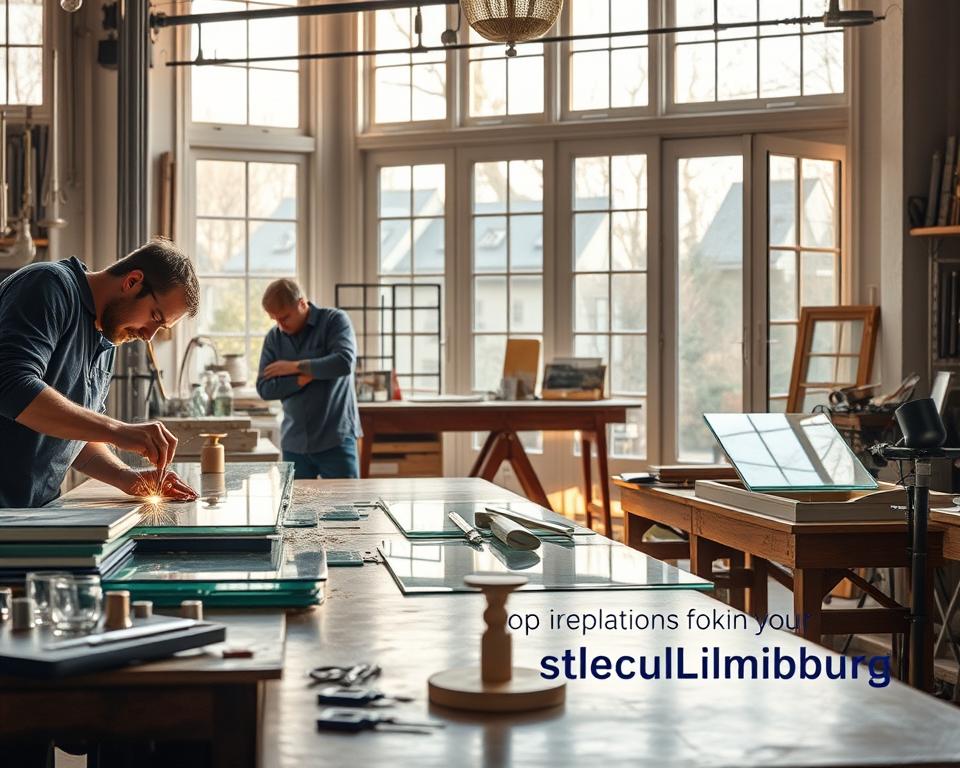A meticulously crafted glass workshop with skilled artisans carefully measuring, cutting, and shaping custom glass panels for regal windows and elegant doors. Soft natural lighting filters through large windows, casting a warm glow on the polished tools and delicate glass pieces. In the foreground, the Glasbreuklimburg logo stands proudly, reflecting the company's commitment to quality and precision. The scene exudes a sense of tranquility and expertise, perfectly capturing the essence of "Glas op maat maken" for your home's reparation or replacement needs.