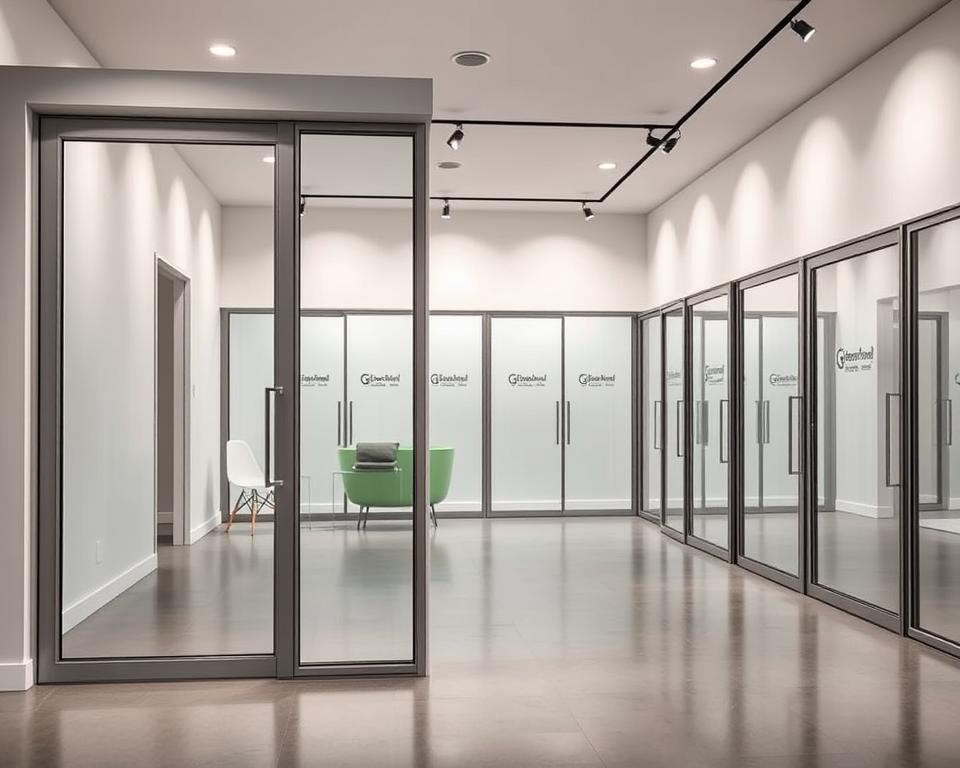 A modern, well-lit showroom displaying a variety of custom glass doors for specific rooms. The foreground features a large, floor-to-ceiling glass door with a minimalist frame, showcasing its elegant simplicity. The middle ground showcases a range of glass door designs, including sliding, folding, and pivot options, all bearing the "Glasbreuklimburg" logo. The background depicts a clean, minimalist interior space, allowing the glass doors to be the focal point. The lighting is soft and diffused, highlighting the transparency and reflective qualities of the glass. The overall atmosphere conveys a sense of sophistication, functionality, and attention to detail.
