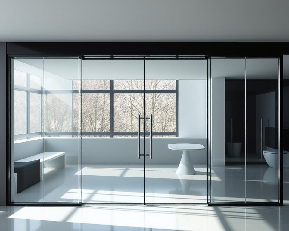 A sleek, modern glass panel door with a minimalist design, showcasing the pristine transparency and elegant simplicity of Glasbreuklimburg's high-quality products. The panels are suspended in a seamless, frameless structure, allowing the natural light to flood the interior and create a bright, airy ambiance. The reflective surfaces offer a subtle sheen, complementing the sophisticated aesthetic of the space. Carefully crafted using the finest materials, these durable and versatile glass panels are the perfect addition to any home, seamlessly blending form and function to elevate the overall design.