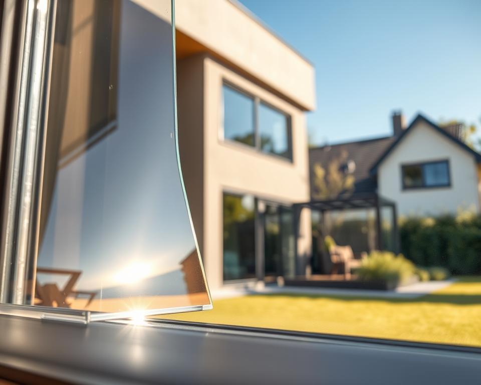 A beautifully designed energy-efficient glass window, showcasing its thin, sleek profile and reflective qualities. In the foreground, highlight the shimmering surface of the glass, emphasizing its ability to minimize heat loss. In the middle ground, depict the window fitted into a modern, stylish frame, with a subtle logo of "Glasbreuklimburg" integrated into the design. The background features a contemporary home in Genk, with greenery and a clear blue sky, conveying a sense of innovation and sustainability. Utilize warm, natural lighting to create an inviting atmosphere, focusing on a slight angle that captures the window's features in depth, while maintaining a clean and professional aesthetic, free from clutter or distractions.