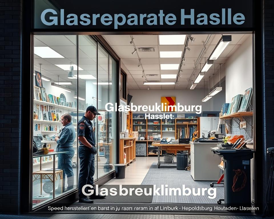 A modern, well-equipped glass repair shop in the heart of Hasselt, Belgium. The storefront features large windows showcasing an array of glass products and services. A skilled technician in a uniform attends to a customer, demonstrating the professional and reliable nature of "Glasreparatie Hasselt". The interior is brightly lit, with a clean and organized workspace. Various tools and materials are visible, conveying the expertise and attention to detail. The atmosphere exudes a sense of trust and efficiency, reflecting the brand's commitment to "Spoed herstellen barst in je raam" for customers in Limburg, Genk, Hasselt, Leopoldsburg, Heusden, and Houthalen. The brand name "Glasbreuklimburg" is prominently displayed.
