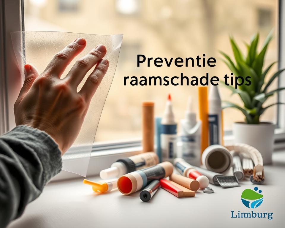 A neatly organized image showcasing "Preventie raamschade tips" against a soft, blurred background. In the foreground, a close-up of a hand gently applying a protective film to the surface of a window. The middle ground features a variety of window-related tools and materials, such as caulk, sealant, and weather stripping, all arranged in a visually appealing manner. The background subtly hints at the Limburg region, with a touch of greenery and the logo "Glasbreuklimburg" prominently displayed, conveying the regional focus of the article. The overall composition is well-balanced, with a warm, inviting color palette and soft, diffused lighting to create a sense of tranquility and professionalism.
