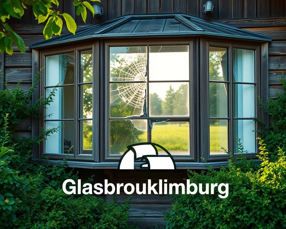 A picturesque country house in the charming village of Nieuwekerken, Limburg, with a dramatic crack running through the glass of the large bay window. The weathered wooden frame and surrounding lush greenery create a rustic, rural atmosphere. Soft, diffused sunlight filters through the window, casting a warm, inviting glow on the scene. In the foreground, a prominent "Glasbreuklimburg" logo indicates the specialized glass repair service needed to mend this architectural challenge. The image conveys the tranquil, countryside setting with a touch of unexpected damage, reflecting the unique challenges faced by homeowners in the Limburg region.