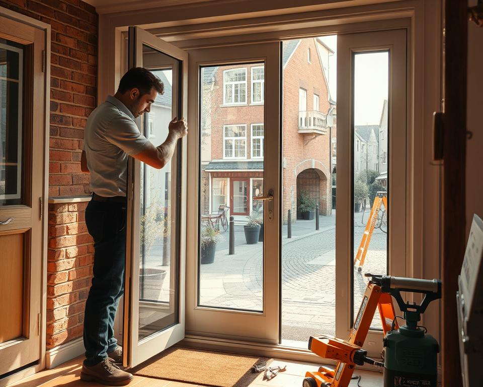 A professional technician in smart casual attire works diligently on repairing a large glass door in a residential setting in Antwerp. The foreground features the technician, focused and skilled, handling glass panels with precision. In the middle ground, a beautifully framed entryway showcases the half-removed old glass, while tools and equipment are neatly organized nearby, reflecting an efficient workflow. The background reveals a charming Antwerp street, hinting at the local architecture with brick buildings and cobblestone roads. The lighting is warm and inviting, casting soft shadows that enhance the scene's atmosphere, suggesting urgency and professionalism. This image should communicate the prompt service provided by "glas vervangen van deur" while emphasizing the beauty and vibrancy of the Antwerp area.