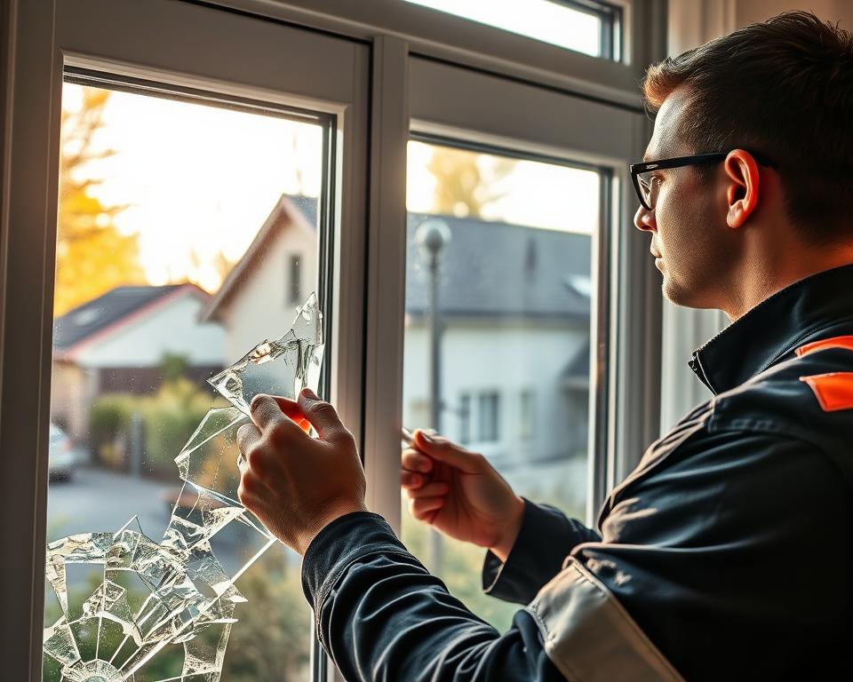 A skilled glass technician wearing a smart uniform, carefully replacing broken window glass in a home in Genk, Limburg. In the foreground, the technician, focused on their task, holds a piece of clear glass, showcasing precision and craftsmanship. In the middle, a partially removed frame reveals shattered glass pieces with a neat workspace, hinting at professionalism. The background features a suburban house, typical of Genk, with warm sunlight filtering through the trees, creating a bright and inviting atmosphere. Soft reflections on the new glass catch the light, emphasizing clarity and quality. The overall mood is one of reliability and expertise, with the brand name "Glasbreuklimburg" subtly integrated into the scene without text or logos. The image captures the essence of expert glass repair services.