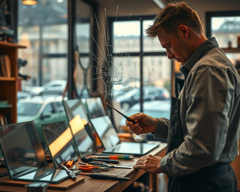 A skilled technician from "glazen herstellen antwerpen" expertly repairing a cracked window glass in a cozy workshop setting. The foreground features the technician wearing a clean, professional outfit, focused on the task with precision tools in hand. In the middle ground, various glass panels and tools are organized on a workbench, reflecting a sense of organized chaos typical of a busy glass repair service. The background showcases a slightly blurred view of the bustling city of Antwerp through a window, hinting at the urgency of 24-hour service. Soft, warm lighting illuminates the scene, creating a welcoming atmosphere, while a low-angle shot captures the technician's concentration and dedication to restoring glass to its original condition.