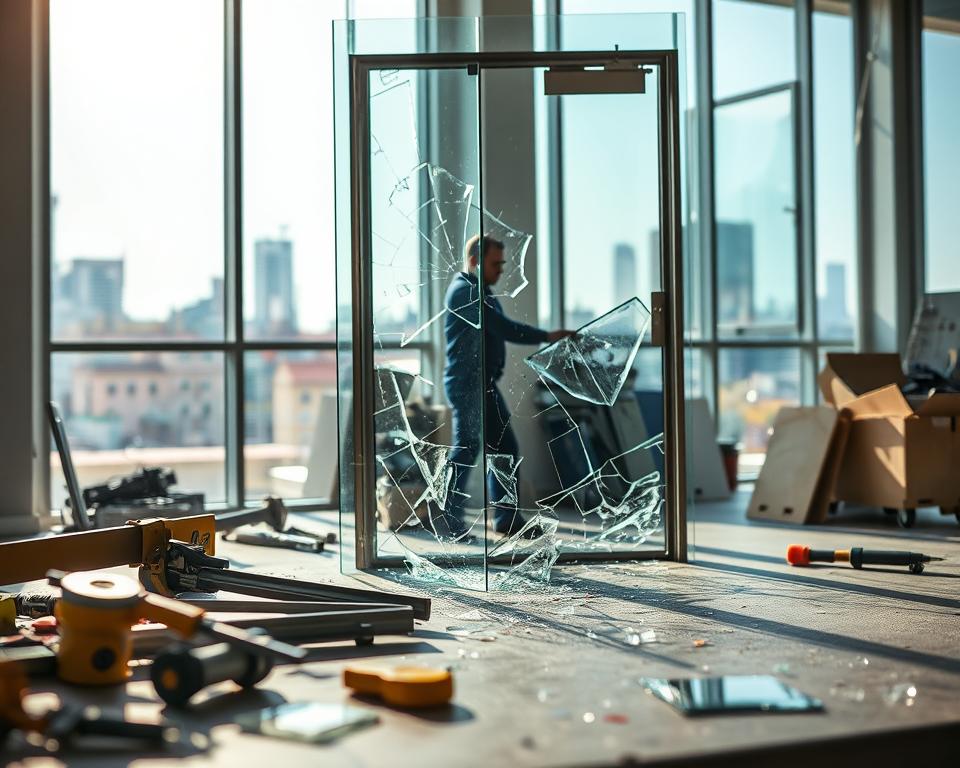 A skilled technician in professional attire is focused on swiftly repairing a broken glass door in a modern, well-lit workshop setting. In the foreground, tools like a glass cutter and safety equipment are neatly arranged, while the technician is carefully measuring the replacement glass. The middle layer features a partially removed glass door, with shards scattered on the floor and the technician actively working. In the background, hints of the vibrant city of Antwerp are visible through large windows, blending urban charm with the urgency of the repair. The lighting is bright yet warm, creating an atmosphere of efficiency and professionalism, conveying the essence of fast glass replacement services by "glas vervangen van deur".