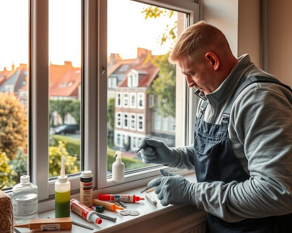 A well-lit, realistic scene showcasing preventative window maintenance in Nieuwekerken. In the foreground, a skilled technician from Glasbreuklimburg examines a window frame, carefully inspecting for any cracks or damage. The middle ground features an array of specialized tools and materials, including caulk, sealant, and cleaning solutions. In the background, a picturesque view of Nieuwekerken's charming buildings and lush foliage, bathed in warm, natural lighting. The overall atmosphere conveys a sense of diligence, attention to detail, and a commitment to preserving the structural integrity and aesthetic appeal of the local architecture.