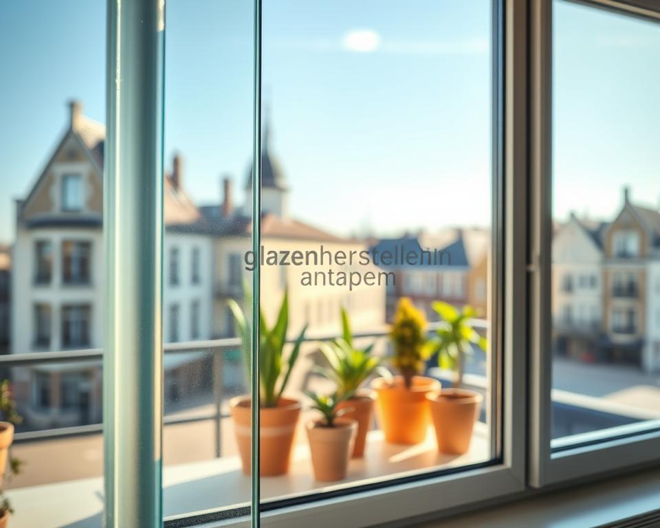 An elegant, modern window featuring energiebesparende glass, showcasing its distinct properties like multi-layered design and a subtle tint that reflects sunlight. In the foreground, the focus is on the crisp edges of the glass, highlighting its clarity and durability. The middle layer reveals a cozy, well-lit room with potted plants that symbolize sustainability, inviting natural light while maintaining an eco-friendly atmosphere. The background features a serene urban setting in Antwerp, with charming architecture and a warm, blue sky. Soft, natural lighting filters through the glass, creating a harmonious, uplifting mood. The image emphasizes the importance of investing in sustainable glass solutions, while including the brand name “glazen herstellen antwerpen” discreetly within the design of the window.