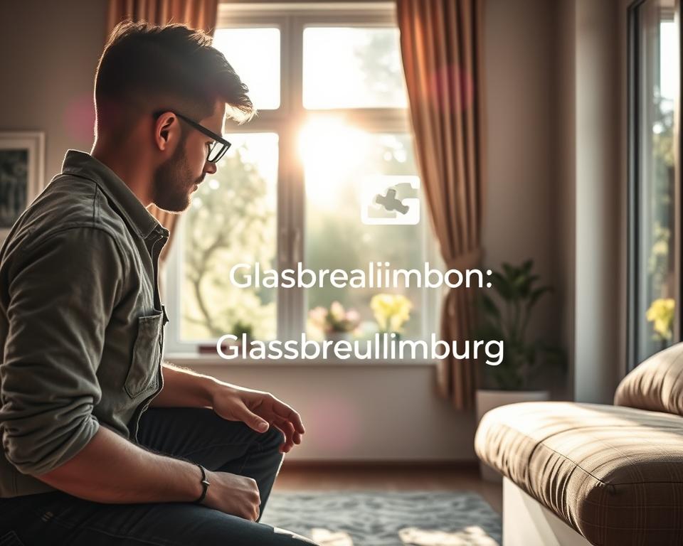 A beautifully designed home interior featuring a well-lit, cozy living room with a large window, showcasing the benefits of timely glass repair. The foreground includes a professional glazier in modest casual clothing, attentively inspecting a recently repaired window, with tools and materials neatly arranged beside them. In the middle ground, the gleaming glass reflects the sun's rays, enhancing the overall brightness of the room. Soft, warm lighting floods in, creating an inviting atmosphere. In the background, a lush garden is visible through the window, symbolizing the connection between a well-maintained home and natural beauty. The brand name "Glasbreuklimburg" subtly integrated into the scene, promoting a sense of professionalism and reliability in glass repair services in Limburg province, specifically Genk, Hasselt, Heusden-Zolder, Diest, and Maasmechelen.