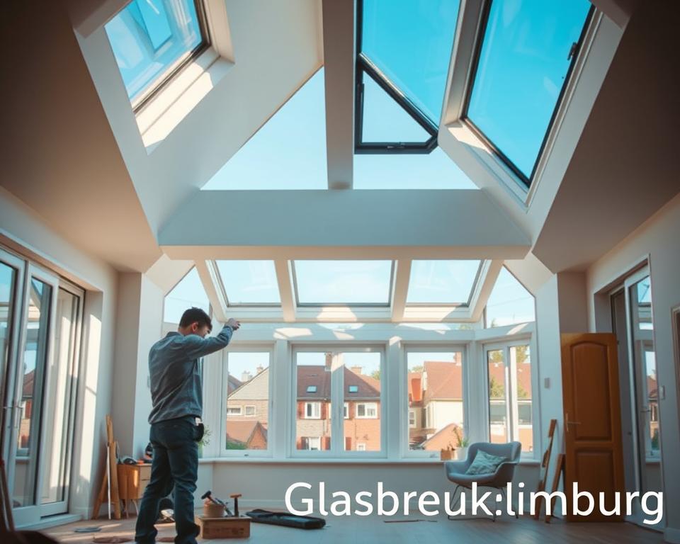 A cozy, well-lit interior of a modern home undergoing renovation, featuring an array of skylights, including Velux and tilt-in windows (tuimelramen). In the foreground, a professional contractor wearing modest casual clothing examines a freshly installed Velux skylight, surrounded by tools. In the middle, a large, open space showcases several elegantly framed windows, letting in natural light from the clean blue sky outside. The background displays a glimpse of a picturesque Limburg village, with charming rooftops visible through the windows. The atmosphere is warm and inviting, emphasizing a seamless blend of modern design and functionality. The brand name "Glasbreuklimburg" is subtly integrated into the scene, ensuring a focus on quality renovations. Soft, diffused lighting enhances the overall serene and professional mood.