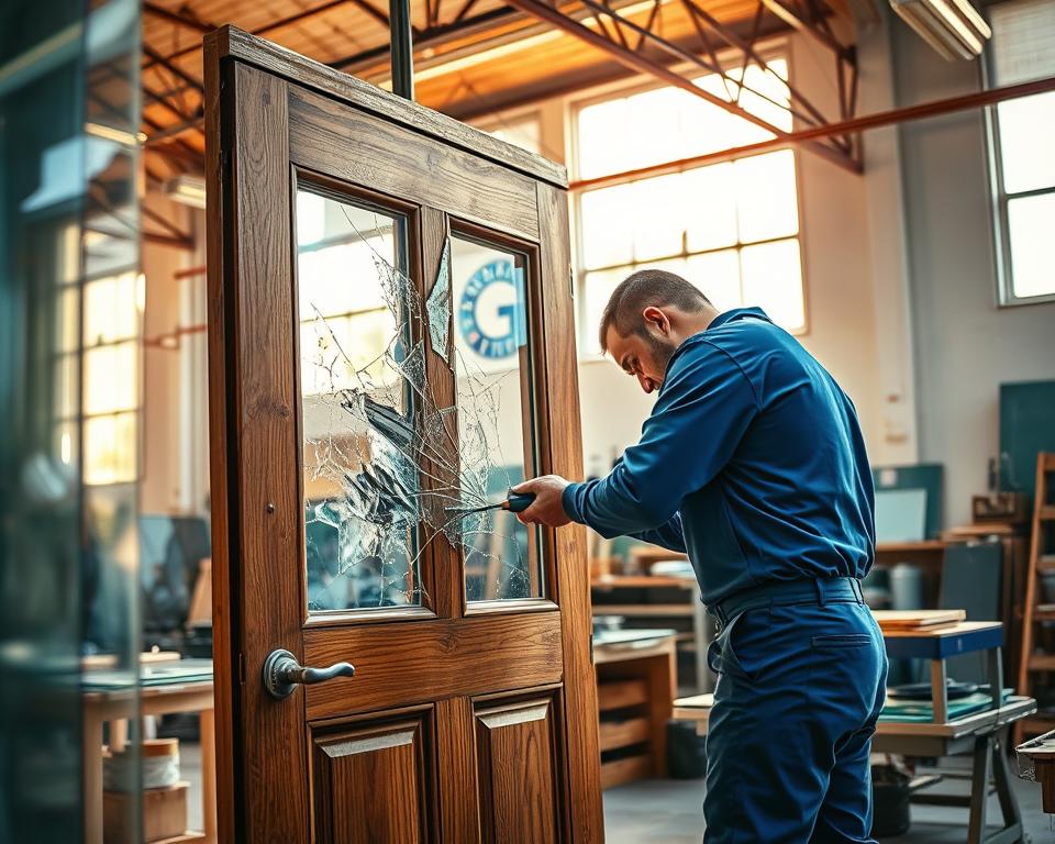 A professional glass repair workshop in Limburg, showcasing skilled technicians at work. In the foreground, a technician, dressed in a blue work uniform, carefully replaces a shattered glass pane in a wooden door, using precision tools. The middle layer features a well-organized workspace with various glass types and repair equipment, emphasizing craftsmanship and expertise. In the background, a logo of "Glasbreuklimburg" is displayed prominently on the workshop wall. The atmosphere is bright and industrious, with warm, natural light streaming through large windows, casting soft shadows. The camera angle is slightly elevated, providing a dynamic view of the scene. The overall mood conveys professionalism and dedication to quality glass repair and restoration in Genk, Hasselt, Heusden zolder, Sint Truiden, and Linter.