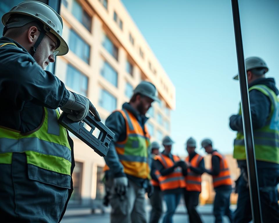 A professional glazier team in action, carefully installing safety glass in an urban setting of Genk. In the foreground, a glazier in a safety helmet and work attire is measuring glass panels using a high-quality tool, emphasizing precision and adherence to Pro Justitia standards. In the middle ground, additional team members are collaborating, ensuring compliance with municipal guidelines, surrounded by protective gear. The background showcases a modern building reminiscent of local architecture, with clear blue skies and natural lighting illuminating the scene, enhancing the atmosphere of safety and professionalism. Soft focus on the surroundings draws attention to the process while reflecting the reliability of Glasbreuklimburg.