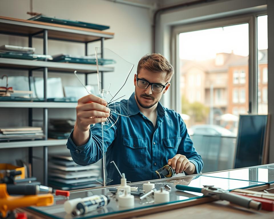 A professional handyman in a bright, well-lit workshop is carefully repairing a large piece of broken glass, surrounded by tools like a glass cutter and adhesive. In the foreground, the focus is on the handyman, dressed in a blue work shirt and safety goggles, showing concentration as he works on the glass. The middle ground features shelves stocked with glass sheets and repair materials, emphasizing the craftsmanship involved in glass restoration. In the background, a window displays a glimpse of Genk's urban environment, such as buildings and streets, created with soft, natural light illuminating the scene. The atmosphere is industrious yet reassuring, reflecting the reliability of Glasbreuklimburg's services for urgent glass repairs.