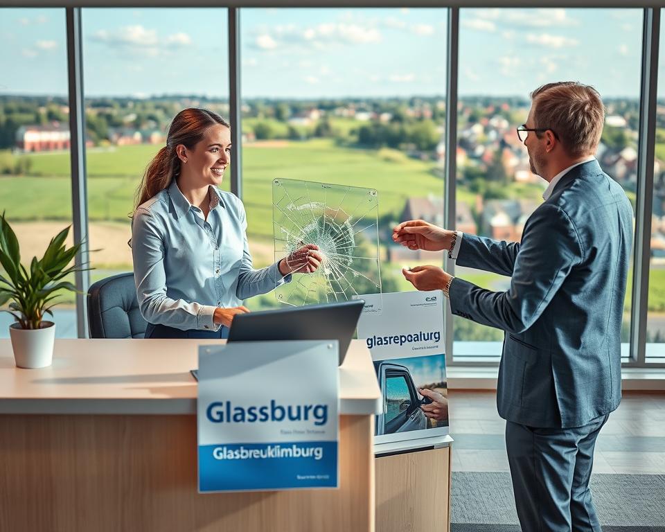A professional setting illustrating the theme of insurance and glass repair services in Limburg. In the foreground, a modern office reception desk with a friendly employee in professional attire, engaging with a client holding a broken window pane, symbolizing glasreparatie. The middle ground features promotional materials displaying the brand name "Glasbreuklimburg", emphasizing the glass repair service. The background showcases a large window with a clear view of Limburg’s picturesque landscape, featuring green fields, typical houses, and a hint of city architecture reflecting the cities of Genk and Hasselt. Soft, natural lighting accentuates the scene, creating a welcoming and reassuring atmosphere. The angle is slightly elevated, giving a comprehensive view of the interaction while capturing the essence of professional service.