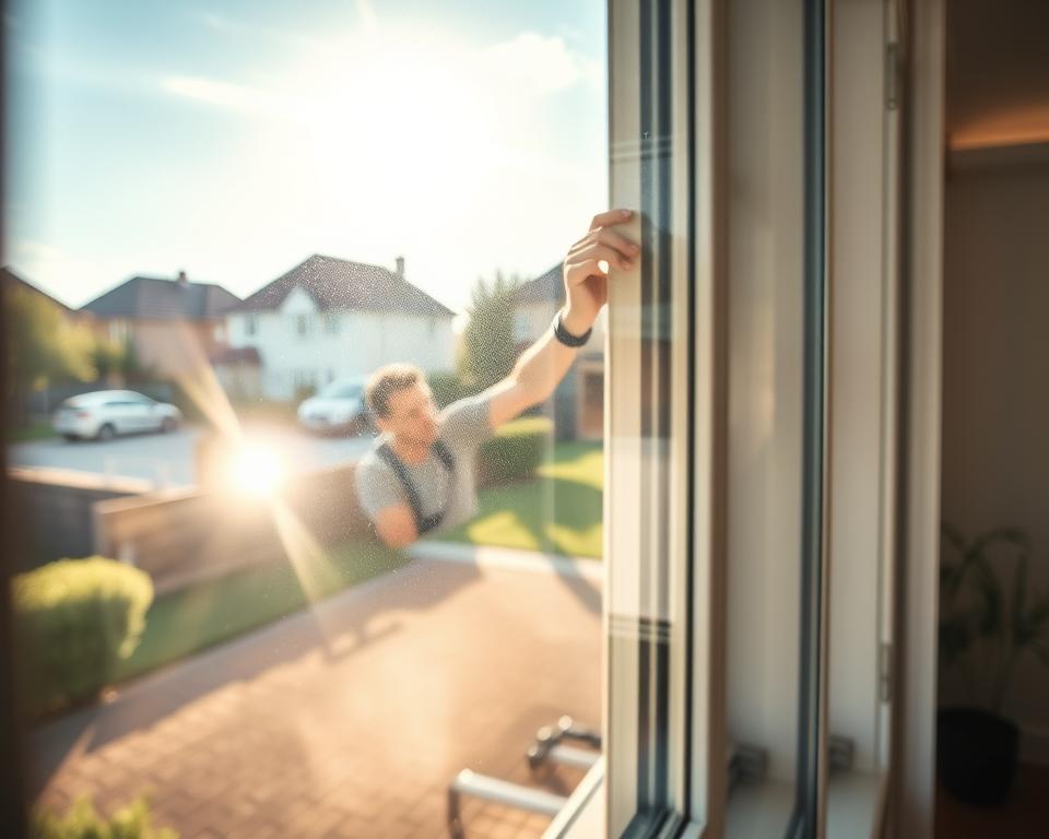 A beautifully detailed scene showcasing double glazed windows installed in a modern home setting, highlighting the clarity and energy efficiency they provide. In the foreground, a close-up view of the pristine glass reflects sunlight, creating a bright and inviting atmosphere. The middle layer features a professional glazier in modest work attire, carefully measuring and analyzing the window frame, emphasizing expertise in glass replacement. In the background, a suburban neighborhood is visible, showcasing a sunny day with lush greenery, enhancing the feeling of home comfort. Use soft, natural lighting to emphasize the shine and clarity of the double glazing, shot from a slight angle to capture depth and detail. The brand name "Glasbreuklimburg" should be subtly integrated into the scene as a logo on the glazier’s work tools, ensuring it maintains a focus on professionalism and attention to quality.