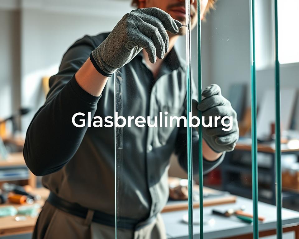 A close-up view of a professional technician repairing a glass door, showcasing the process of "glas herstellen" with an emphasis on safety. The technician, dressed in smart casual clothing, is carefully handling a clear glass panel with safety gloves, while using appropriate tools in a bright, well-lit workshop. In the background, a neatly organized workspace with glass shards and tools creates an atmosphere of focus and professionalism. Soft natural lighting illuminates the scene, casting gentle reflections on the glass. The overall mood conveys diligence and expertise, with the brand name "Glasbreuklimburg" subtly integrated into the workshop environment, reflecting the importance of safety and aesthetics in glass repair.