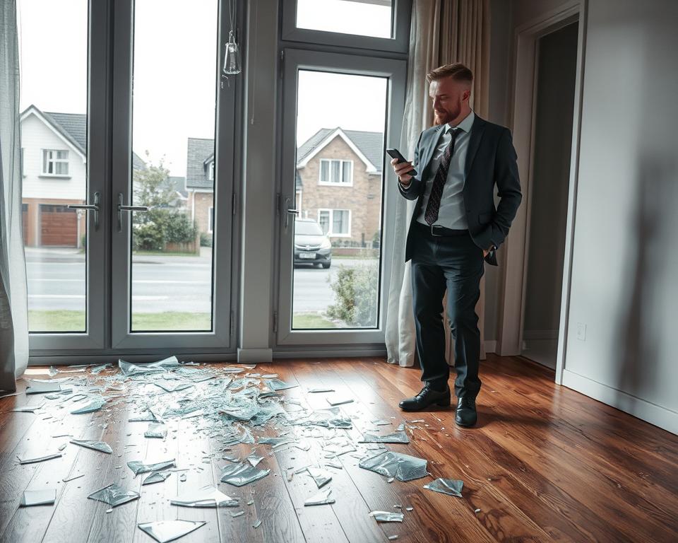 A damaged window in a residential setting in Genk, showcasing shattered glass with sharp edges scattered across a wooden floor. In the foreground, a worried homeowner in professional attire calmly assesses the situation, holding a phone ready to call for help. The middle ground features the broken window frame, with light streaming through, casting dramatic shadows on the floor. In the background, a suburban street can be glimpsed through the remaining intact window, hinting at the urgency of the situation. The atmosphere is tense yet hopeful, capturing the immediate need for emergency glass replacement. Include the brand name "Glasbreuklimburg" subtly integrated into the scene, ensuring no text overlays disrupt the visual. Soft, natural lighting enhances the realism.