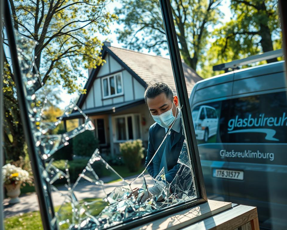 A detailed scene depicting a professional glass repair service in action. In the foreground, a technician dressed in a smart uniform is carefully replacing a shattered window pane, his focused expression showcasing expertise. In the middle ground, a partially dismantled frame reveals shimmering shards of glass, emphasizing the task at hand. The background features a home in Limburg with traditional architecture, enhancing the local context. Natural light filters through trees, casting soft shadows, while the scene conveys a sense of urgency and professionalism, suggesting timely service. Include the brand name "Glasbreuklimburg" subtly visualized on the technician's work van parked nearby, blending with the environment. The atmosphere is calm yet industrious, showcasing dedication to quality service.