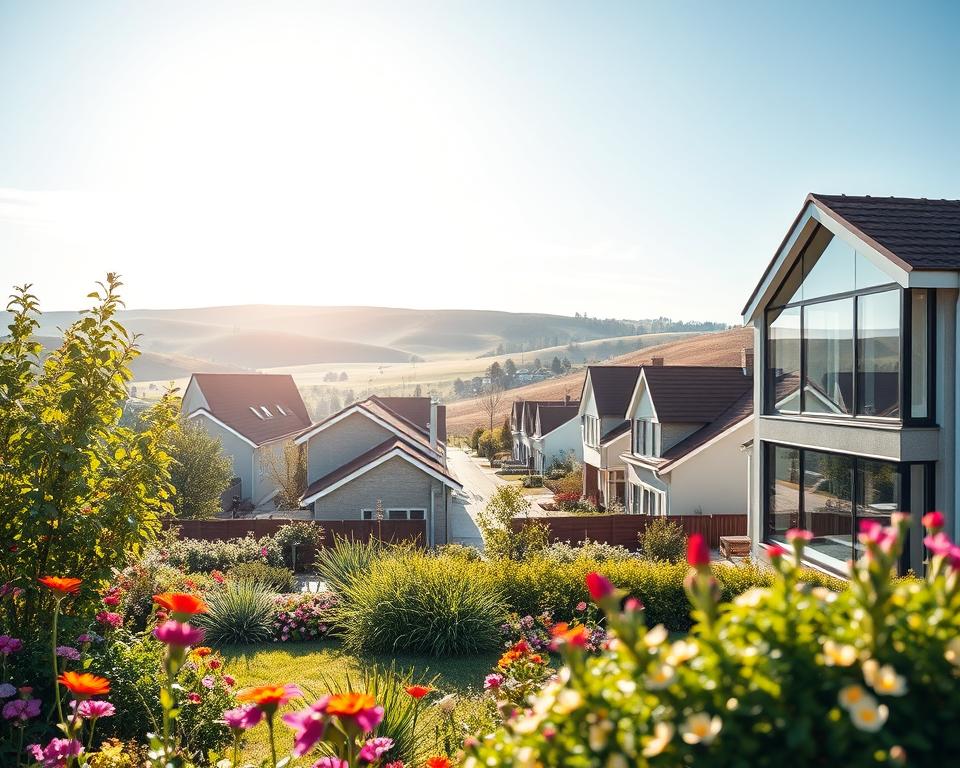 A modern, energy-efficient Limburg home showcasing HR++ glass windows in a warm, inviting atmosphere. In the foreground, a well-maintained garden with colorful flowers and lush greenery. The middle ground features a sunny, residential street with houses displaying both single and double HR++ glass windows, illustrating the transition. The innovative HR++ glass windows reflect sunlight beautifully, emphasizing their superior insulation properties. In the background, gentle rolling hills typical of Limburg, under a clear blue sky with soft, dappled sunlight filtering through. The overall mood is fresh and optimistic, symbolizing the benefits of double glazing. The composition utilizes natural lighting and a slight angle to capture the essence of modern living, with Glasbreuklimburg's branding subtly implied through the quality of the windows.