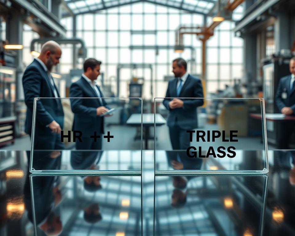 A professional glass manufacturing facility in Limburg showcasing a detailed comparison of HR++ glass and triple glazing. In the foreground, two large panes of glass, one labeled HR++ and the other labeled triple glass, are positioned on luxurious, glossy surfaces to highlight their differences. Workers in professional business attire examine and discuss the two glass types. In the middle ground, showcase modern machinery and tools used for glass production, with vibrant reflections illuminating the workshop. The background features the factory setting with large windows allowing soft natural light to filter in, creating a bright and optimistic atmosphere. Use a slight depth of field to draw attention to the glass comparisons while keeping the environment clear. The image embodies clarity and professionalism, echoing the innovation of Glasbreuklimburg.