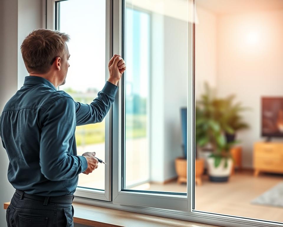 A professional glass renovation scene featuring a technician at work, carefully replacing single-pane glass with double-glazing. In the foreground, the technician, dressed in neat business attire, uses skilled tools to handle the glass, emphasizing precision. In the middle ground, a pristine window frame shows the transformation from old to new glass, reflecting a clear blue sky. The background reveals a well-lit, modern home environment with natural light pouring in, creating a warm and inviting atmosphere. Emphasize the pristine quality of the new double-glazing to highlight the physical benefits of the upgrade. Incorporate the brand name "Glasbreuklimburg" subtly into the scene, ensuring it blends cohesively with the surroundings.