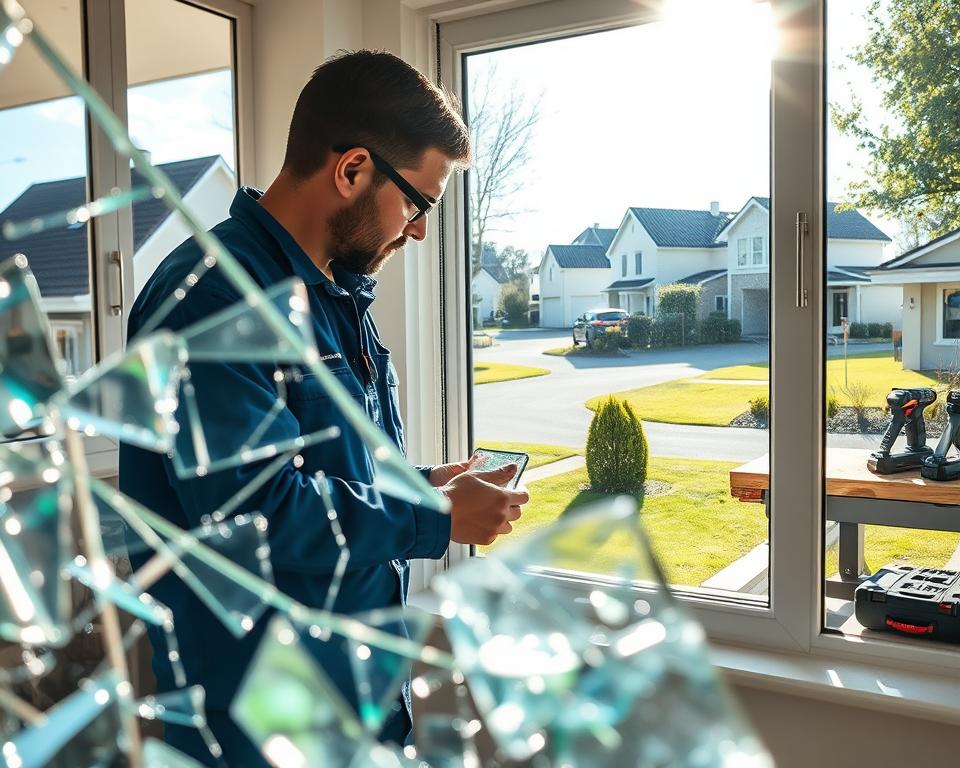 A professional glass repair technician in modest blue workwear is skillfully replacing a shattered thermal window in a stylish modern home in Limburg. In the foreground, sparkling pieces of clear glass catch the sunlight, creating vibrant reflections. The technician focuses intently on selecting a new glass panel branded "Glasbreuklimburg". In the middle ground, the half-finished installation reveals meticulous attention to detail, with tools organized neatly on a nearby workbench. In the background, a serene suburban street adorned with lush greenery and well-kept houses suggests a peaceful atmosphere. The sunlight streams gently through the window, casting soft shadows, evoking a sense of safety and professionalism in urgent glass replacement service. Capture this scene with a 35mm lens for depth and clarity, emphasizing bright, natural light.