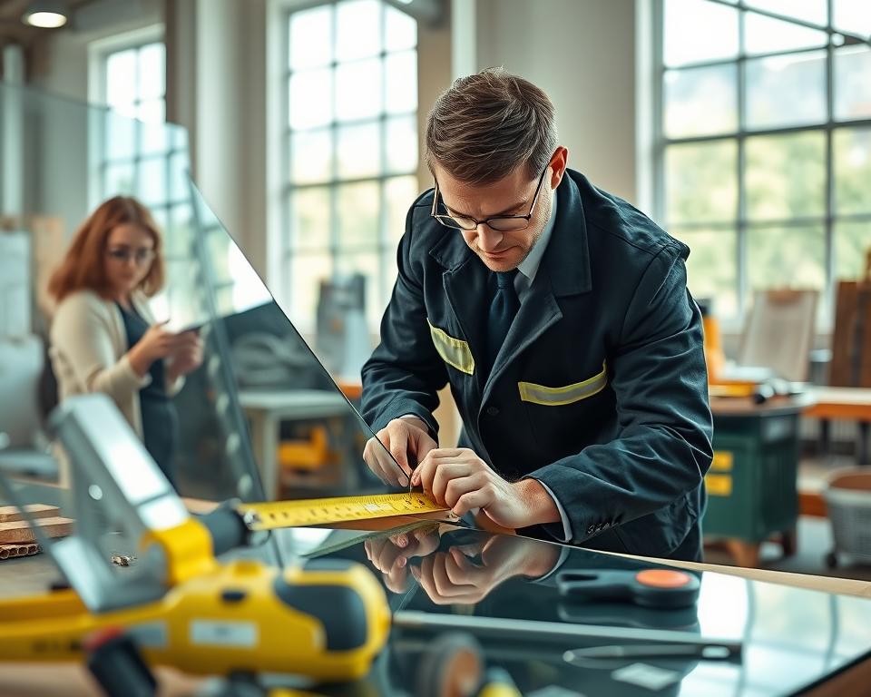 A professional glazier from Glasbreuklimburg is meticulously measuring a large piece of glass, demonstrating precision and expertise. The foreground features the glazier, dressed in a smart, professional outfit, focusing intently on the measurements. In the middle ground, a well-organized workspace showcases tools such as a measuring tape, glass cutter, and safety gear, highlighting the craftsmanship involved in urgent glazing replacement. The background displays a bright, well-lit workshop with natural light streaming through large windows, creating an inviting and industrious atmosphere. The scene conveys professionalism and urgency, emphasizing the importance of accurate measurements in the glazing process for emergency replacements. The overall mood is focused and diligent, tailored for a professional audience.