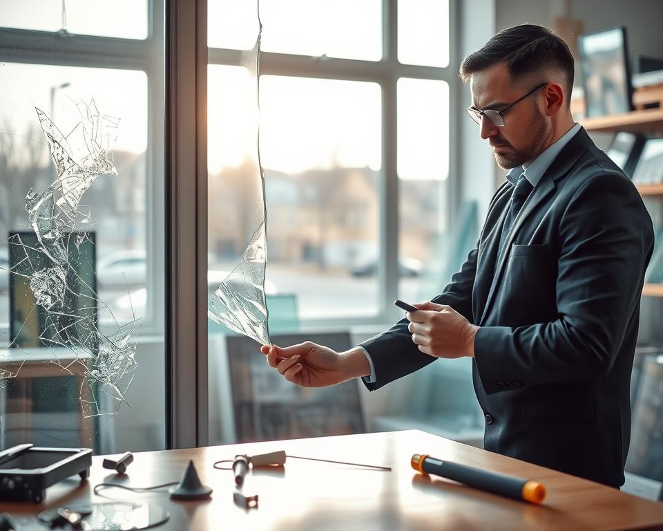 A professional glazier in business attire, skillfully repairing a shattered glass window in a bright, modern workshop. The foreground features the glazier focused on the delicate process of replacing glass, with tools like a glass cutter and suction cups neatly arranged. In the middle ground, a partially repaired window reflects a calm street scene outside, suggesting tranquility. The background shows shelves stocked with various glass panels, emphasizing the expertise of Glasbreuklimburg. Soft, natural lighting streams through the windows, creating a warm and inviting atmosphere. Capture this moment from a slightly elevated angle to highlight the craftsmanship involved and reflect the reliability of a professional glass repair service in Antwerp.