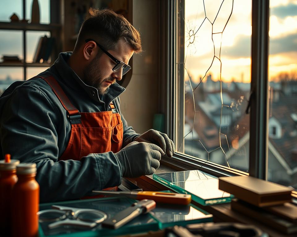 A skilled glazier from "Glasbreuklimburg" working in a cozy Antwerp workshop, showcasing precise craftsmanship while replacing cracked glass in a window frame. In the foreground, focus on the glazier in professional attire, carefully measuring and cutting glass. The middle ground captures the tools of the trade, such as cutters, safety goggles, and glass panes, illuminated by warm, natural light streaming through the workshop windows. The background features a charming view of Antwerp's architecture, with softly blurred rooftops and the city skyline, adding depth and context to the scene. The atmosphere is one of focus and diligence, highlighting the urgency and professionalism of emergency glass repair services. Capture this moment with a slight angle, giving a dynamic perspective that draws the viewer into the world of expert glassmaking.