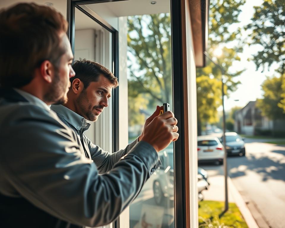 A skilled technician carefully installs a sleek, new glass window in a modern home in Genk, showcasing the artistry of "Glasbreuklimburg." In the foreground, the technician, dressed in professional business attire, focuses intently on the precision of the fitting, using a level tool. In the middle ground, the partially replaced old window is visible, emphasizing the contrast between the damaged and newly installed glass. The background features a sunny street in a residential area, with soft, natural lighting filtering through leafy trees, creating a warm atmosphere. The angle is slightly low, capturing the depth of the installation process, evoking a sense of craftsmanship and reliability in urgent glass replacement services.