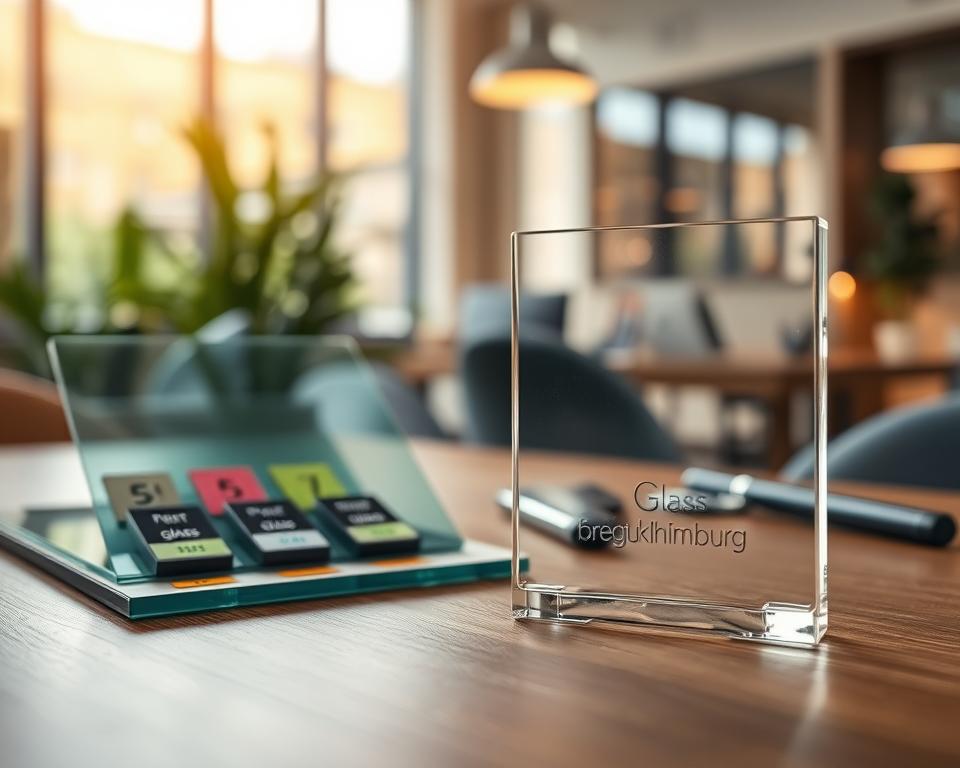 A close-up view of high-quality "premies glas" arranged elegantly on a wooden table, with subtle reflections and a slight sheen capturing natural light. In the foreground, a professional-looking glass sample board is displayed, showcasing various types of glass, labeled with color-coded premium tags. In the middle ground, softly out of focus, a set of modern glass replacement tools is placed, indicating craftsmanship. The background features a soft-focus, contemporary office environment with warm lighting and subtle greenery, conveying a welcoming atmosphere. Ensure the brand "Glasbreuklimburg" is subtly integrated into the scene, perhaps etched on one of the glass samples. The overall mood is professional, informative, and inviting, ideal for an article about glass replacement services in Hasselt.