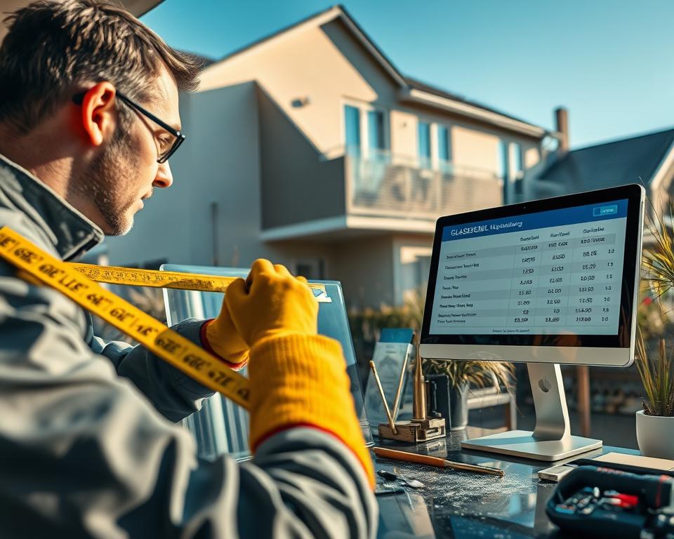 A professional and detailed scene capturing the process of glass replacement in Hasselt, featuring a skilled technician at work. In the foreground, the technician, dressed in smart work attire with safety gloves, carefully measures a broken glass pane. The middle ground depicts a well-organized workspace with various glass panels, tools, and a visible computer screen displaying a cost estimate for the service from Glasbreuklimburg. The background presents the exterior of a residential building in Hasselt, with clear blue skies and the warm glow of afternoon sunlight illuminating the scene. The atmosphere is focused and professional, conveying a sense of urgency and expertise in the glass replacement process. The image should have a clean, crisp quality with realistic shadows and highlights to enhance depth.