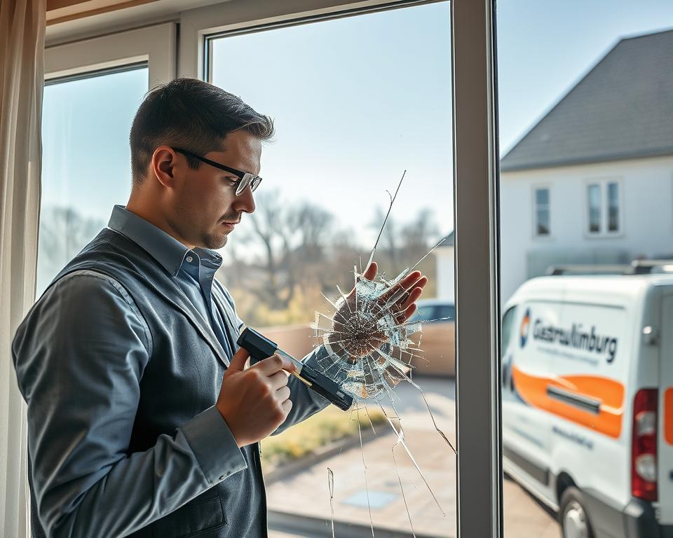 A professional glass repair technician in business attire is inspecting a broken window in a modern home setting in Genk, Belgium. The foreground shows the technician closely analyzing the shattered glass pieces, wielding a specialized tool for measurement. In the middle, a slightly open window with clear views of the beautiful Genk skyline and trees, under bright natural daylight creates a warm atmosphere. The background features a clean, well-maintained home exterior with a "Glasbreuklimburg" logo subtly displayed on a service vehicle parked nearby. The scene conveys urgency and professionalism, emphasizing the importance of quick and efficient glass replacement services, while the overall mood remains optimistic and solution-focused.