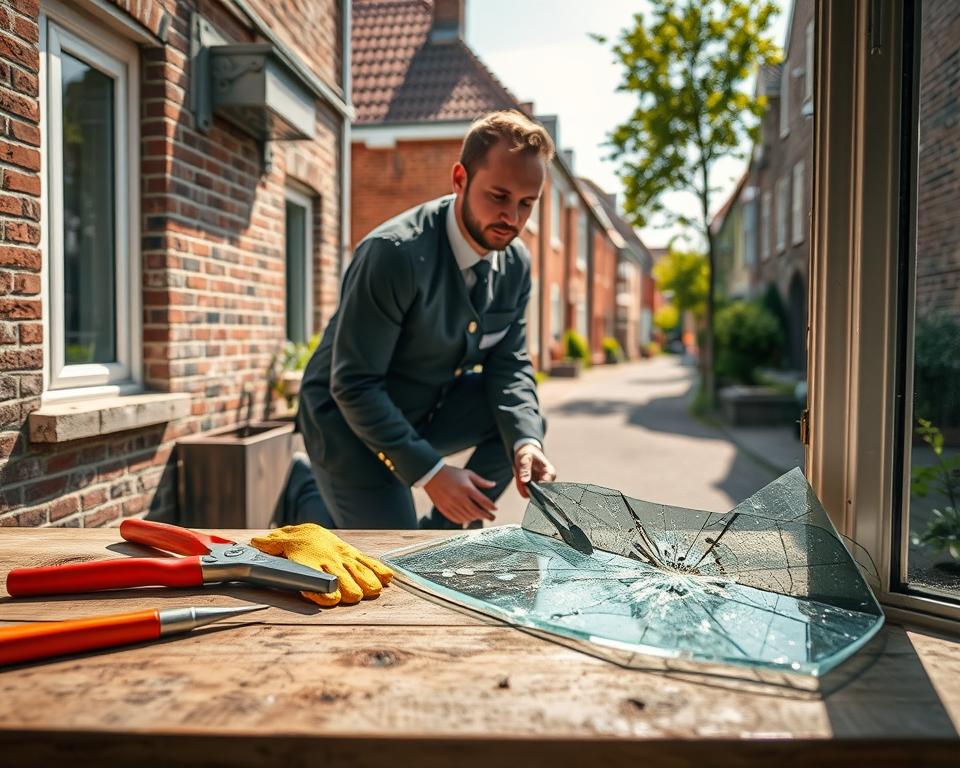 A professional glazier in a smart uniform examines a shattered window in a residential setting in Sint-Truiden, Belgium. In the foreground, tools like glass cutters and safety gloves rest on a sturdy workbench, emphasizing the urgency of the glass replacement. The glazier is focused, kneeling beside the broken glass, showcasing expertise and determination. The middle ground features the partially removed glass pane, highlighting the intricacies of the repair process. In the background, a picturesque Sint-Truiden street can be seen, with charming brick buildings and greenery under a bright, sunny sky, symbolizing a professional local service. The atmosphere is attentive and focused, with bright, natural lighting accentuating the glazier’s careful work. The brand "Glasbreuklimburg" is subtly implied through the professional tools depicted.