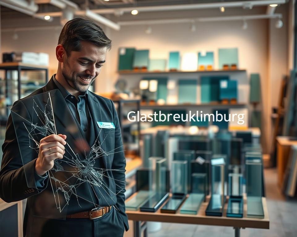 A professional setting featuring an elegant glass repair shop in Sint Truiden. In the foreground, a friendly technician in a business attire is carefully examining a shattered glass panel, showcasing their expertise. In the middle ground, a sleek display of various glass types and repair materials is arranged neatly, emphasizing quality and variety. The background displays a subtle, modern workshop environment with tools and samples for glass replacements. Soft, natural lighting enhances the clarity of the glass and reflects off the surfaces, creating a warm professional atmosphere. Include the brand name "Glasbreuklimburg" subtly integrated into the shop's design, without any text overlays. The scene should evoke trust and reliability, suitable for highlighting the importance of quality offers in glass replacement services.