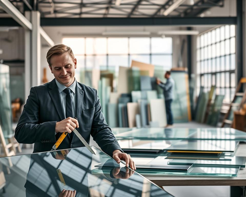 A professional setting for a glass replacement service in Houthalen Helchteren, featuring a clean and modern workshop. In the foreground, a technician dressed in smart business attire expertly measures a large piece of glass with precision tools. The middle of the image shows a beautifully displayed range of glass types, emphasizing the quality and variety offered by Glasbreuklimburg. The background features a well-lit repair area, showcasing glass installation in progress, with sunlight streaming in through large windows, creating a bright and inviting atmosphere. Capture the feeling of efficiency and reliability, with a focus on craftsmanship and customer service, without any text or overlays.