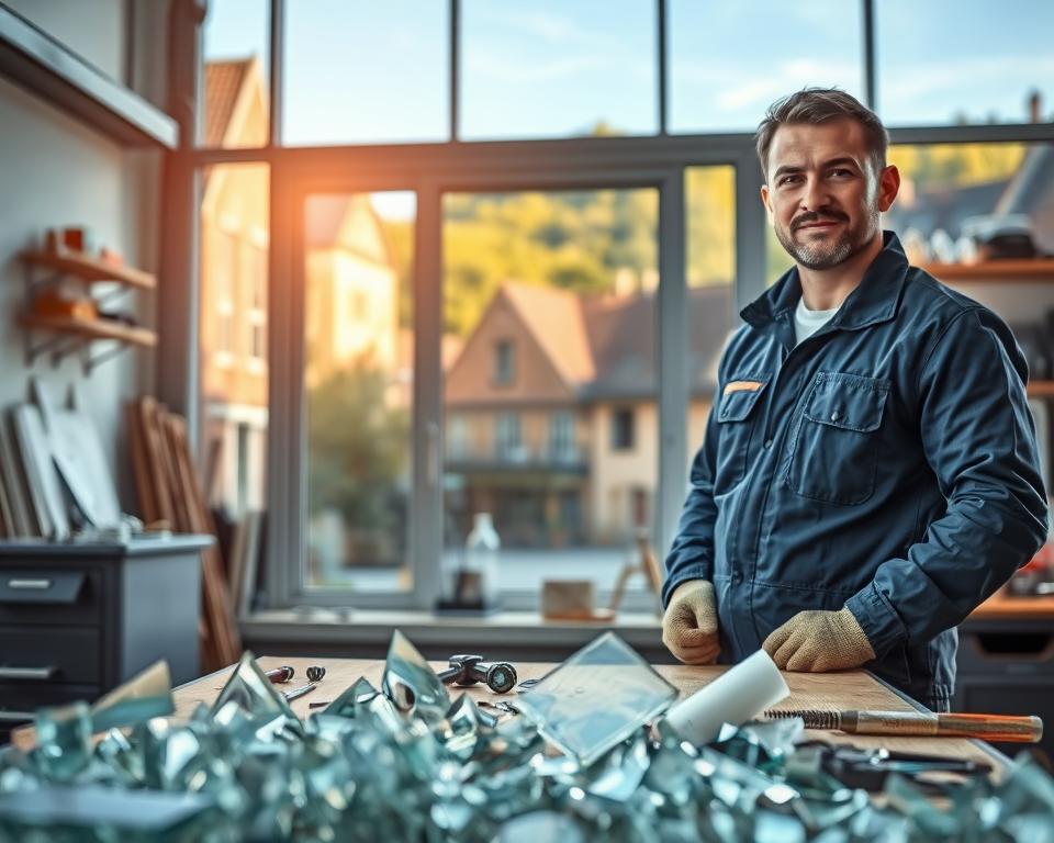 A skilled technician from Glasbreuklimburg stands confidently in a well-lit workspace, wearing a professional uniform while expertly demonstrating glass replacement. In the foreground, shards of glass are carefully handled with protective gloves, showcasing the intricate details of the glasswork process. The middle ground features a large window being replaced, highlighting the precision and attention to detail in the installation. Surrounding the workspace, tools and materials are neatly organized, emphasizing professionalism. The background transitions to an exterior view of the Houthalen-Helchteren area, showcasing quaint buildings and greenery, bathed in soft, natural daylight to convey a sense of trust and reliability. The atmosphere is dynamic yet serene, reflecting the importance of quality craftsmanship in glass installation and repair.