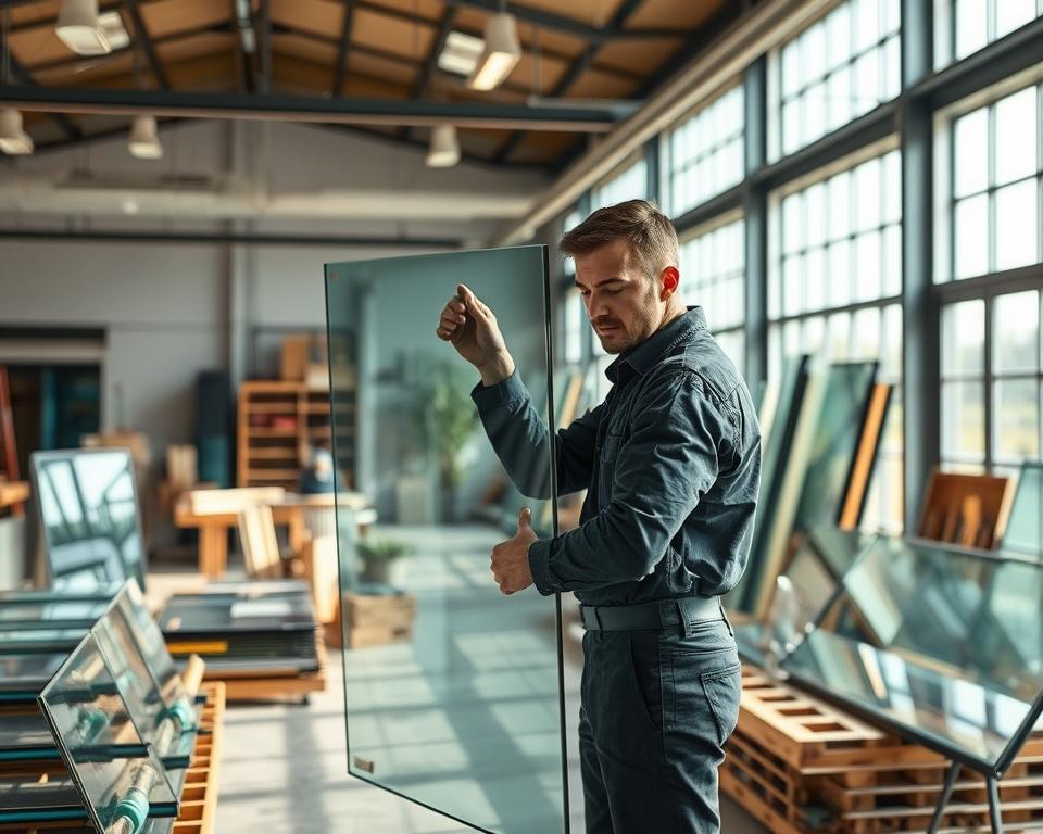 A modern glass repair workshop in Maasmechelen, showcasing the process of double glazing installation. In the foreground, focus on a skilled technician, dressed in professional attire, carefully handling a large double-glazed panel, highlighting its transparency and insulation features. The middle ground features neatly arranged tools and glass panels, emphasizing the precision and craftsmanship involved in glass replacement. In the background, large windows allow natural light to flood the space, illuminating the scene with a warm, inviting atmosphere. The setting should convey a sense of trust and reliability, reflecting the brand "Glasbreuklimburg". Capture this in a wide-angle shot to reveal the organized chaos of a professional glass service, ensuring a clean and polished appearance throughout.