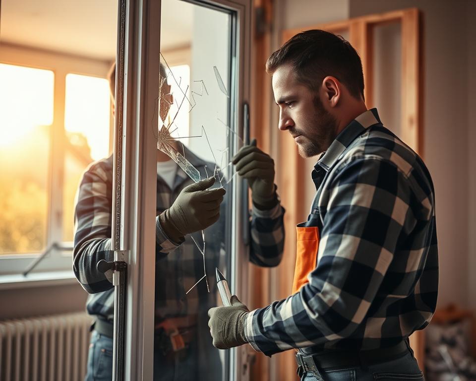 A professional glazier at work, carefully replacing a broken glass pane in a residential setting, emphasizing reliability and quality service. The scene is set indoors with warm, natural light flowing through a partially finished window frame in the background. The glazier, wearing practical, professional work attire, is positioned in the foreground, focusing intently on the task at hand, showcasing detailed tools like a glass cutter and silicone sealant. In the middle ground, we see glass shards and a replacement pane suggesting the "before and after" effect of glass replacement. The atmosphere conveys a sense of urgency yet professionalism, highlighting the efficiency and trustworthiness of Glasbreuklimburg, making it an ideal visual for readers seeking insights into costs and offerings for glass replacement in Hasselt.