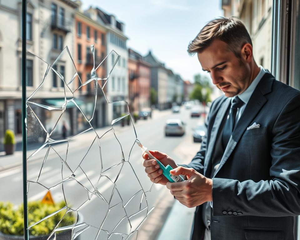 A professional glazier working diligently on a clear glass panel with a focus on repair techniques for "Glasbreuklimburg" in Hasselt. Foreground features the glazier in smart business attire, carefully applying adhesive to the glass surface, tools neatly arranged around. In the middle ground, a partially shattered window pane awaits attention, with shards captured in exquisite detail, reflecting light to showcase their smooth edges. Background illustrates a busy urban street in Hasselt, with well-maintained buildings and subtle hints of greenery, under a bright blue sky. Soft, natural lighting emphasizes the clarity of the glass and the glazier's focused expression, conveying trust and reliability in emergency glass repair services. The overall mood is professional, approachable, and dedicated to quick solutions.