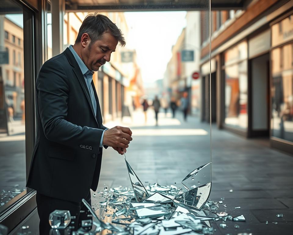 A professional technician in business attire carefully replaces a large, broken glass pane in a storefront in Genk. The foreground captures the technician's focused expression and precise movements as they handle the glass with care. In the middle ground, the shattered pieces of glass are scattered on the floor, with some reflecting sunlight. The background features the bustling city street of Maasmechelen, with shops and pedestrians visible, emphasizing the urban environment. Soft, natural lighting floods the scene, creating a bright and hopeful atmosphere. The branding "Glasbreuklimburg" is subtly incorporated into the image, perhaps on a small uniform patch. Aim for a clear, detailed composition that highlights the theme of glass replacement services in a professional context.