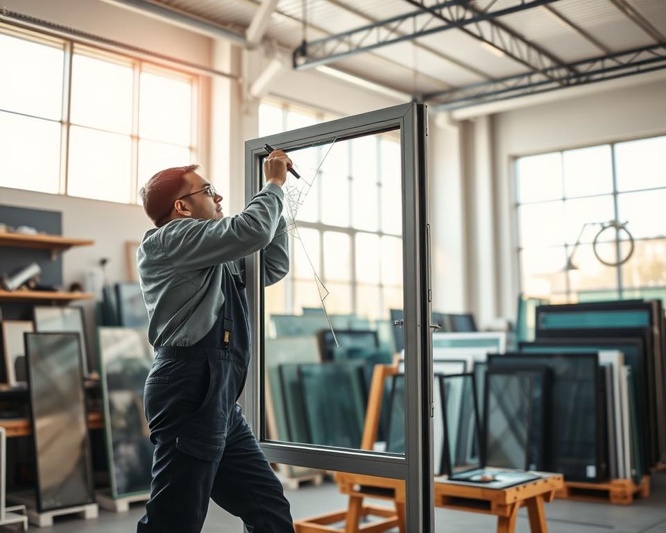 A skilled glass technician from Glasbreuklimburg is meticulously repairing a large, broken windowpane in a bright, modern workshop. In the foreground, the technician, dressed in a professional uniform, is using precision tools to ensure a perfect fit of the new glass. The middle ground features various types of glass, including double-glazed units, displayed neatly on workbenches, showcasing the company's range of options for replacement. In the background, large windows allow natural light to flood the space, creating a warm and inviting atmosphere. The overall scene conveys professionalism and reliability, emphasizing the expertise in urgent glass replacement services in Genk and Maasmechelen. The image is well-lit, with a slight focus on the technician, capturing the essence of quality craftsmanship and service in glass repair.