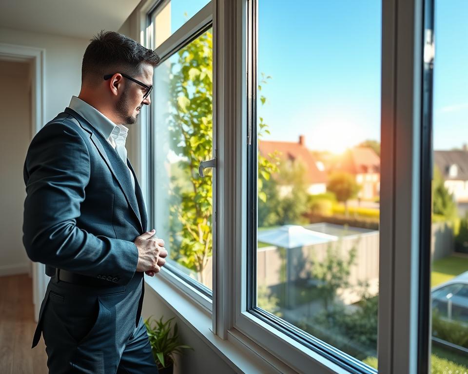 An elegant scene showcasing high-quality insulating glass, prominently featuring the brand "Glasbreuklimburg." In the foreground, focus on a modern home with freshly installed energy-efficient insulating windows, gleaming under natural daylight. To the left, a professional installer in a smart uniform examines the fitting, ensuring precision. In the middle ground, capture vibrant greenery and a well-maintained garden reflecting sustainability; sunlight filtering through the leaves adds warmth. The background should include a picturesque view of Bilzen and Zutendaal's charming architecture, with clear blue skies. The overall mood is optimistic and forward-looking, emphasizing the benefits of modern insulation and energy savings. Aim for a clean, realistic image with soft, inviting lighting, creating an atmosphere of comfort and professionalism.