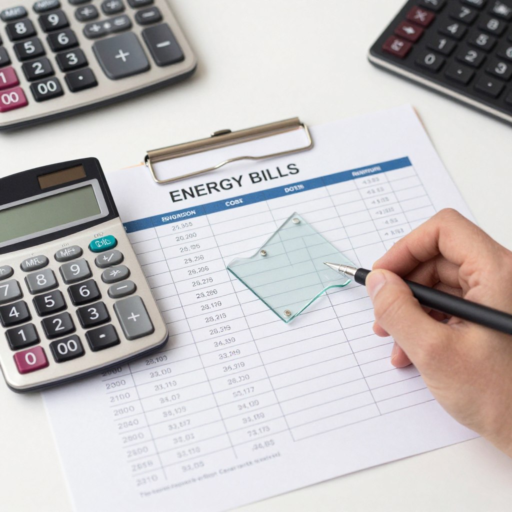 Calculator en energie facturen tonen berekening energiebesparing door glas renovatie