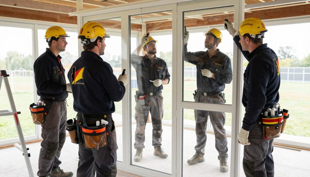 Team van gecertificeerde glaszetters aan het werk tijdens professionele glasrenovatie in Belgische woning