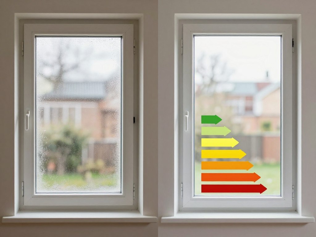 Vergelijking tussen enkel glas en dubbel glas hoogrendementsglas in bestaande ramen, met zichtbaar verschil in condensvorming